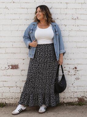 Cottagecore Black Floral Tiered Maxi Skirt | Stretch Waist Boho Prairie XL
